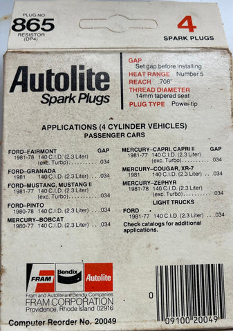 NOS Autolite 865DP4 Spark Plugs β Resistor Type β USA Made