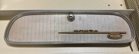 USED 1961 CORVAIR MONZA 900 GLOVE COMPARTMENT DOOR W/ EMBLEM, LOCK (NO KEY)