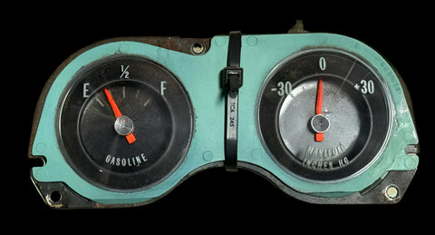 USED 1965-66 CORVAIR CORSA MANIFOLD PRESSURE BOOST AND GAS GAUGE (UNTESTED) WITH HOUSING / LENS ETC